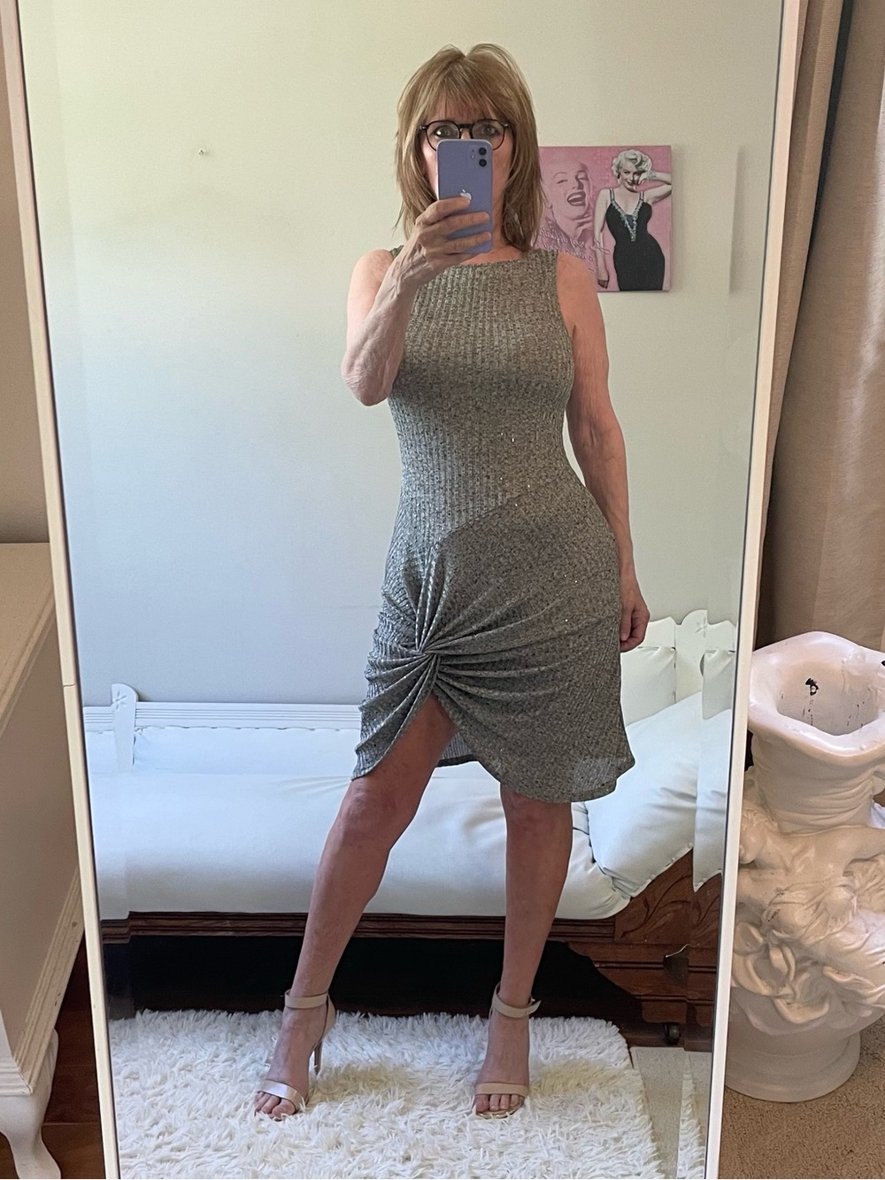 POP TAUPE SLEEVELESS RIBBED KNIT DRESS DROP WAIST METALLIC POLKA DOTS KNOTTED